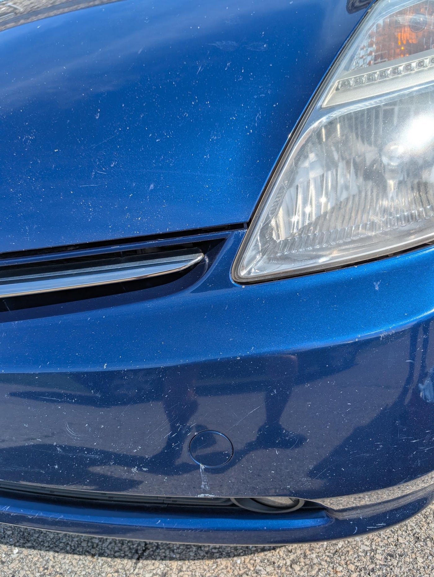 Before paint chip cleanup on blue Prius front bumper and hood